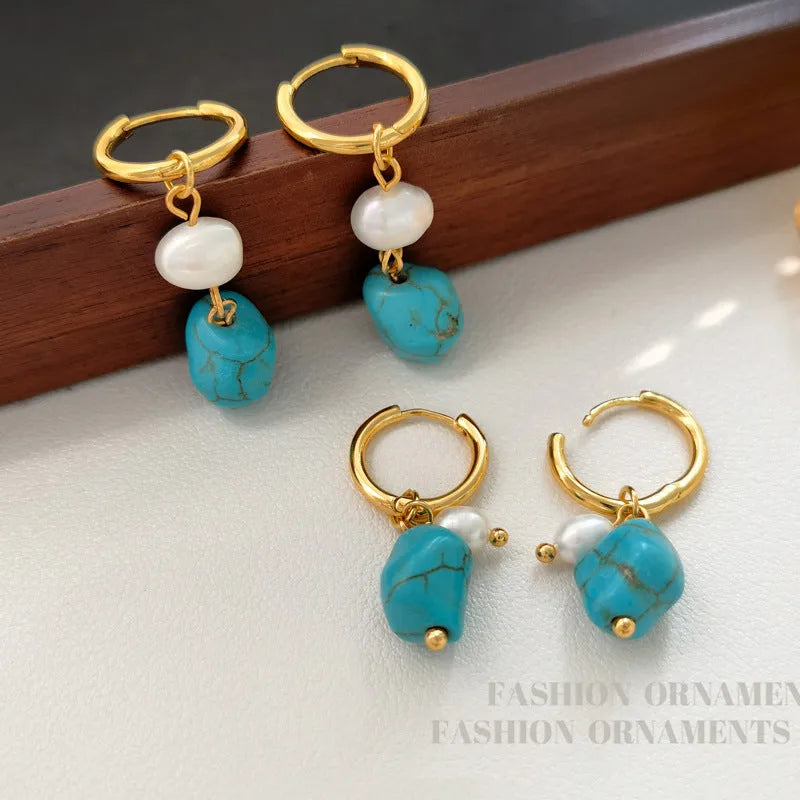 Turquoise geometric copper ear clip earring with irregular cultured pearls in short and long dangle styles