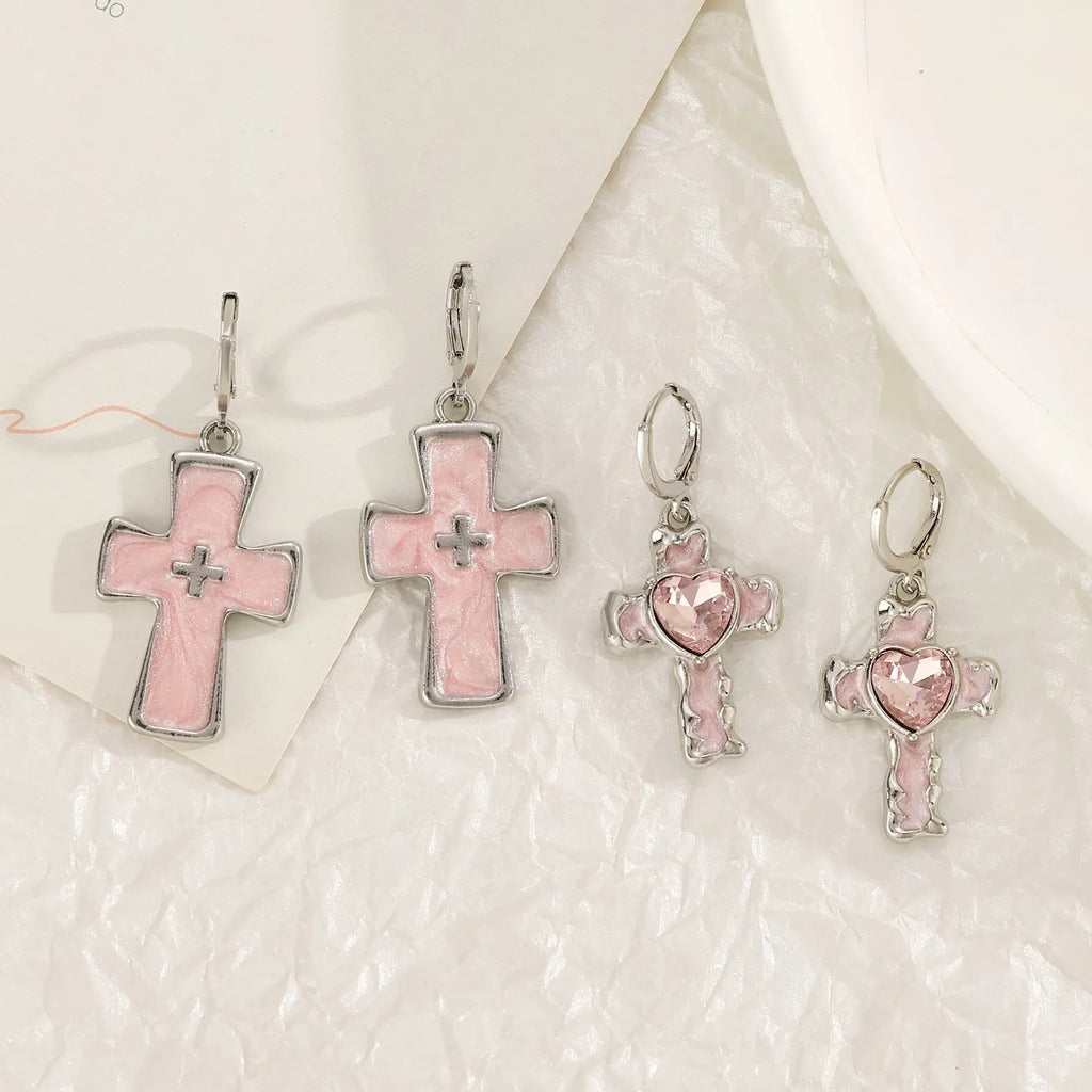 Women's alloy cross crystal stud earrings with geometric and animal designs in five colour options