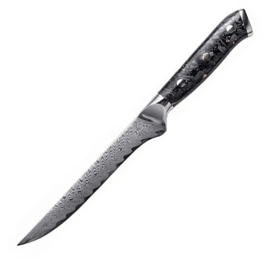 8-piece Damascus steel kitchen knife set with fishbone pattern, showing knives from 3.5-inch fruit knife to 8-inch chef knife.