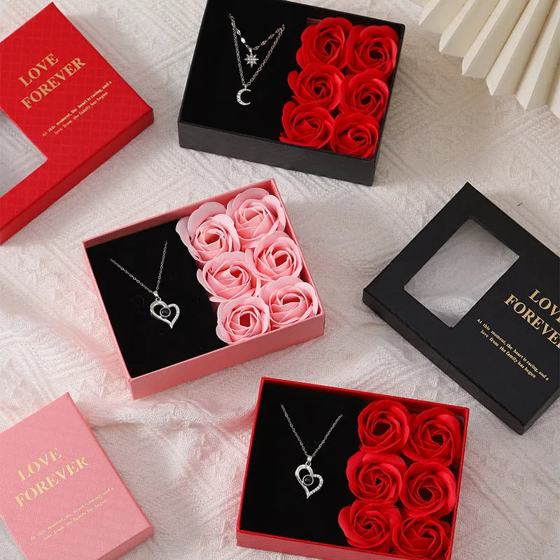 Red soap flower gift box set with six flowers, handbag, and Korean style design.