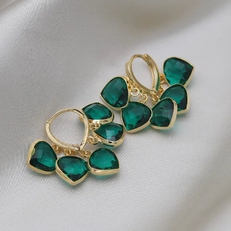 Green heart pendant ear clip earrings with alloy inlaid artificial gemstone, Korean style women's jewellery