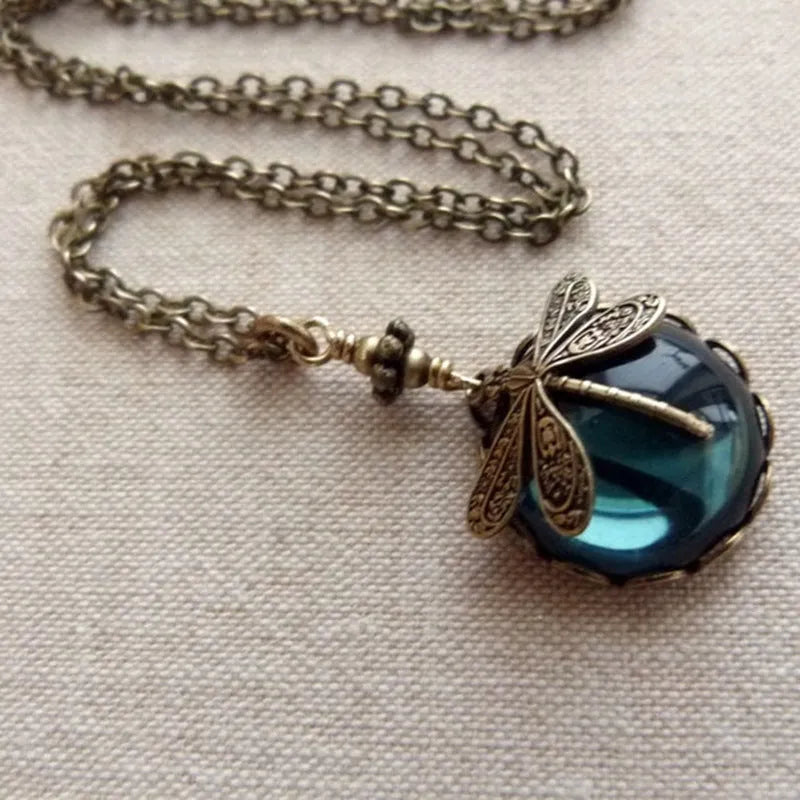 Vintage bronze hand carved dragonfly pendant necklace with 925 silver components in yellow colour