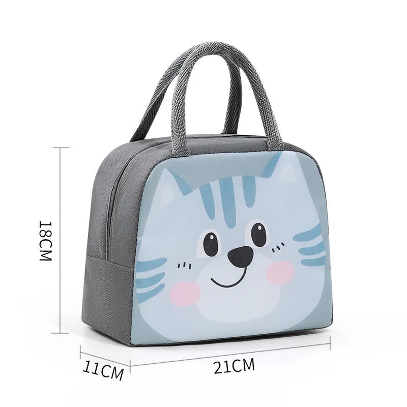 Cartoon insulated lunch box bag showing aluminium foil lining and Oxford cloth exterior
