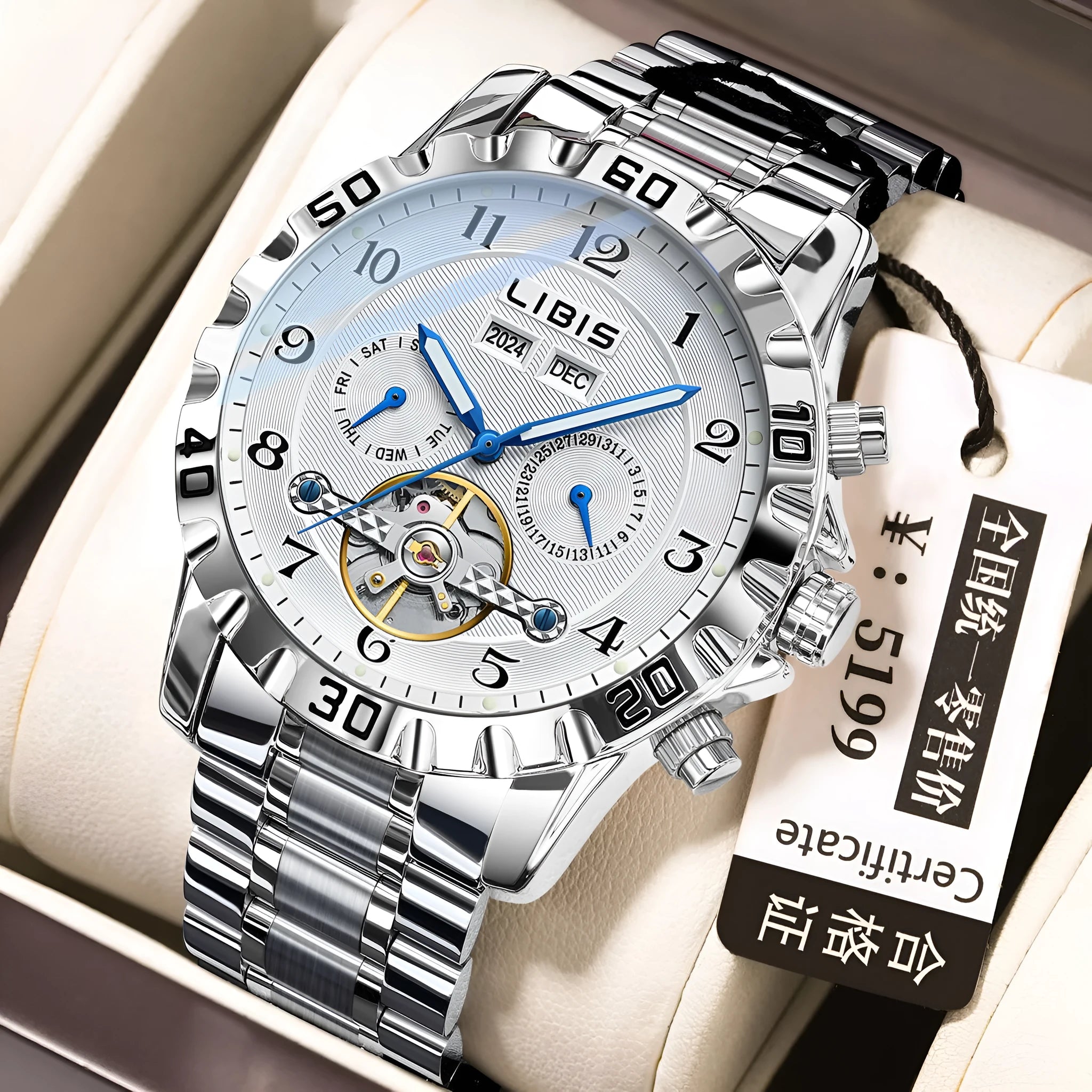 Men's silver automatic perpetual calendar mechanical watch with stainless steel bracelet and sapphire crystal