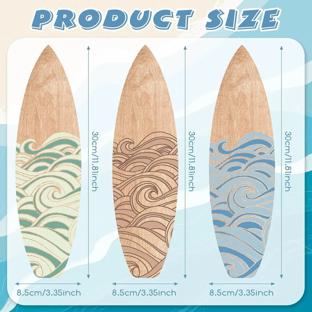 Three wooden surfboard-shaped wall decorations on a white background.
