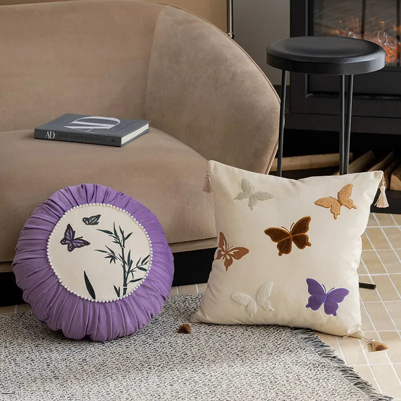 Square beige cushion with black butterfly embroidery in Chinese style, 45x45cm