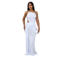 Women's solid colour one-shoulder pleated midi dress in polyester fabric on a model.