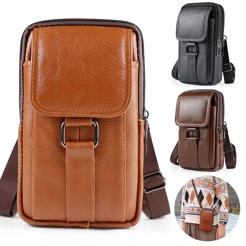 Men's black composite cowhide leather crossbody waist bag with lock fastening