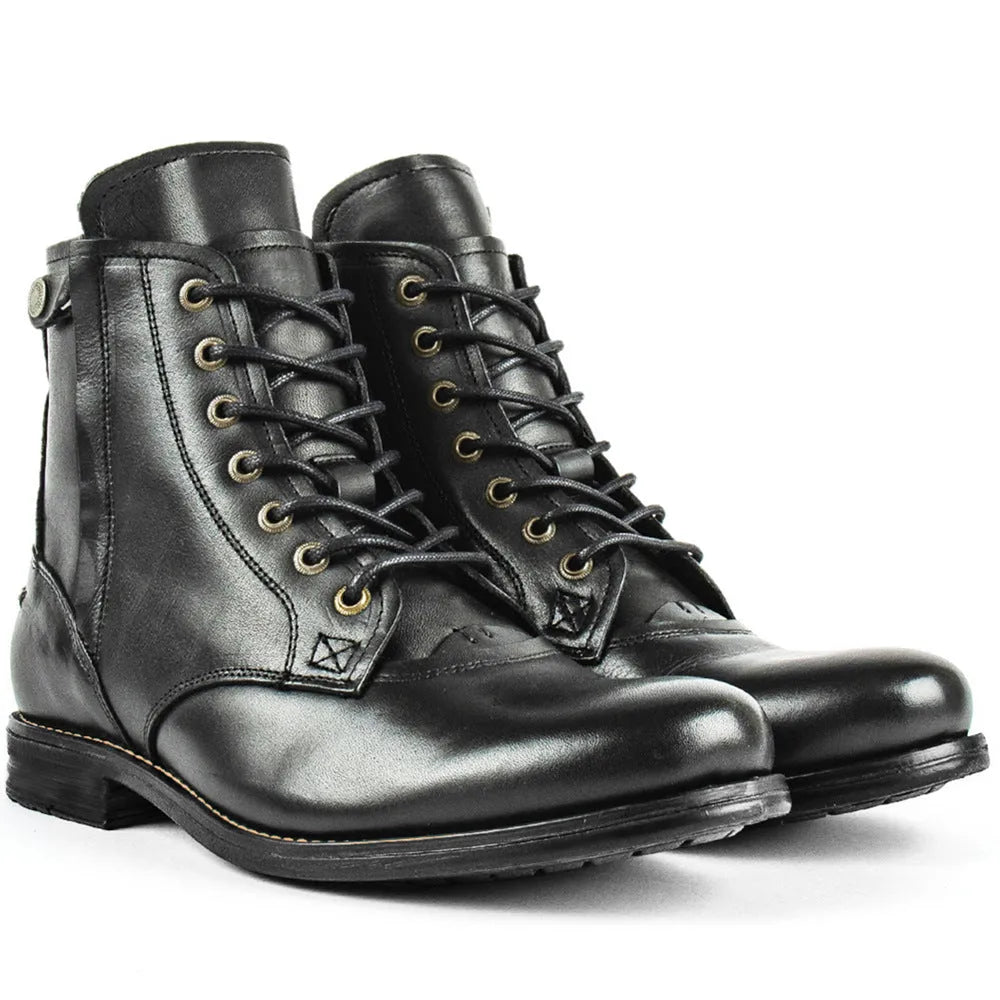 Knight Series black and brown leather boots with side zipper and low heel