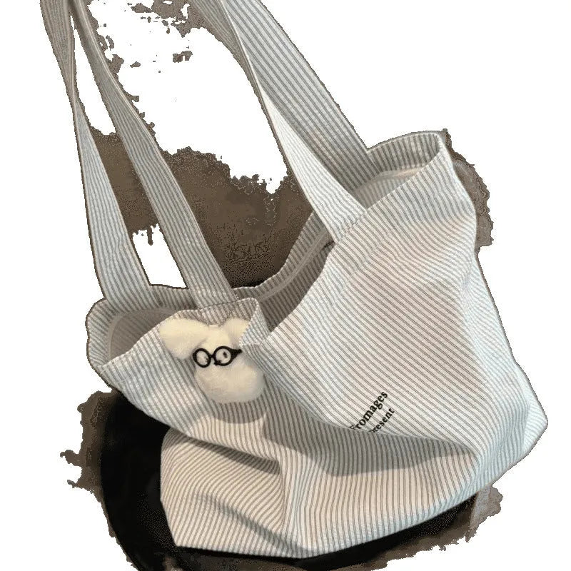Casual striped large capacity commuter canvas bag with printed checks pattern