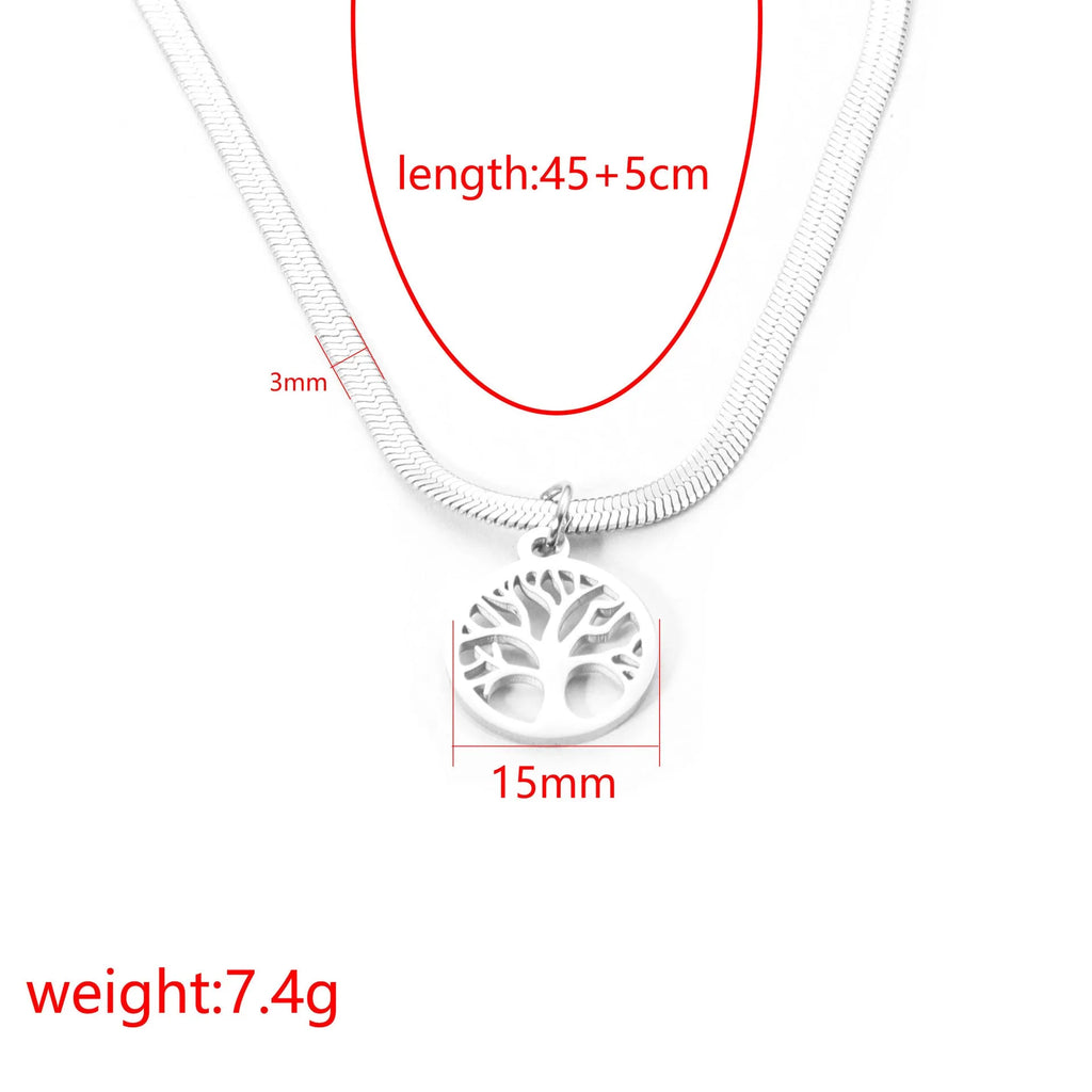 Stainless steel necklace with tree pendant on snake bones chain in gold or steel colour