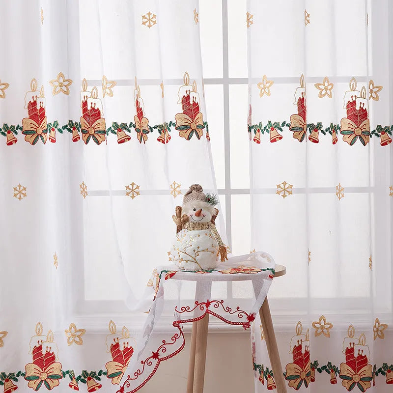 A pair of American-style Christmas curtains with white embroidered snowflakes on semi-sunshade polyester fabric.