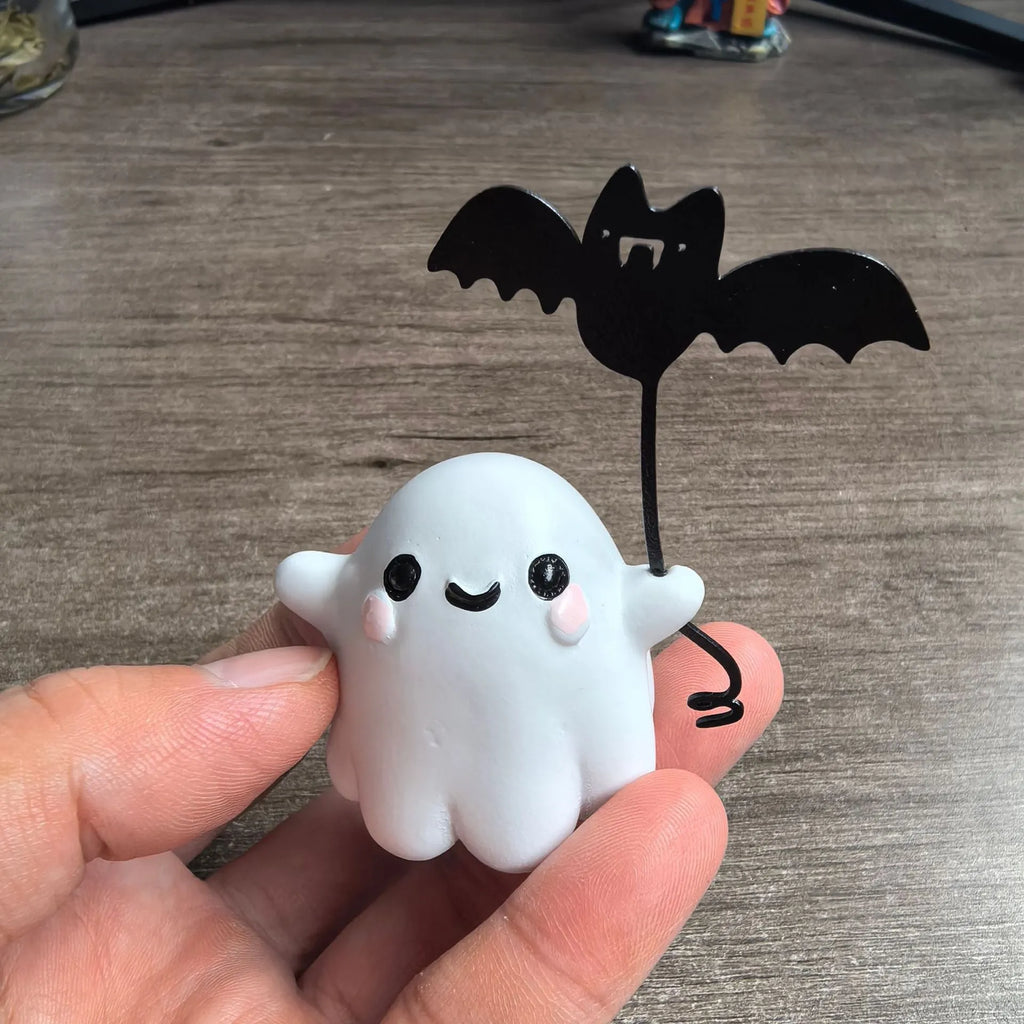 Small resin ghost walking dog Halloween statue in ghost holding bat colour