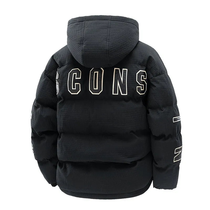 Men's black hooded padded winter coat in a Korean-style cardigan design with side pockets.