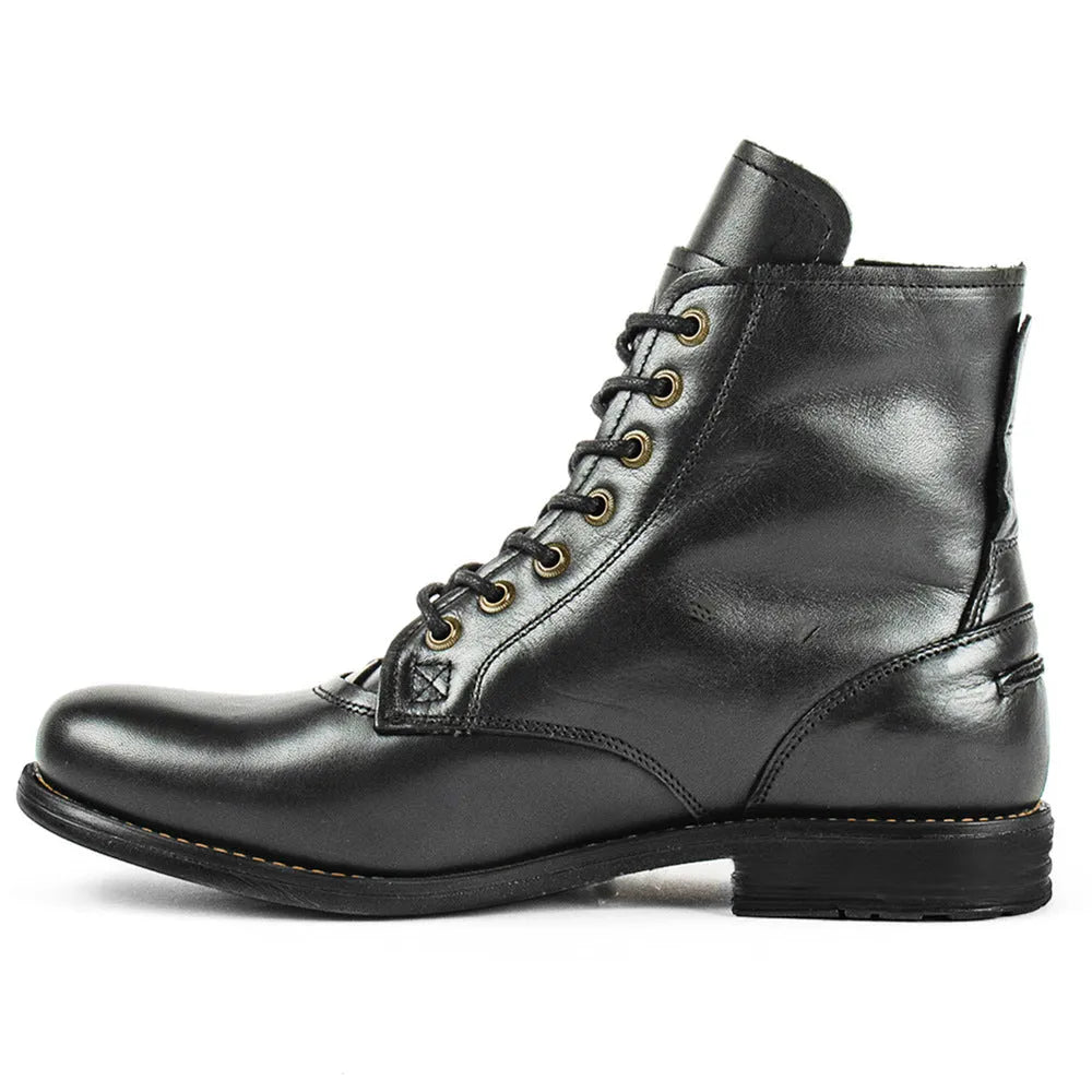 Knight Series black and brown leather boots with side zipper and low heel