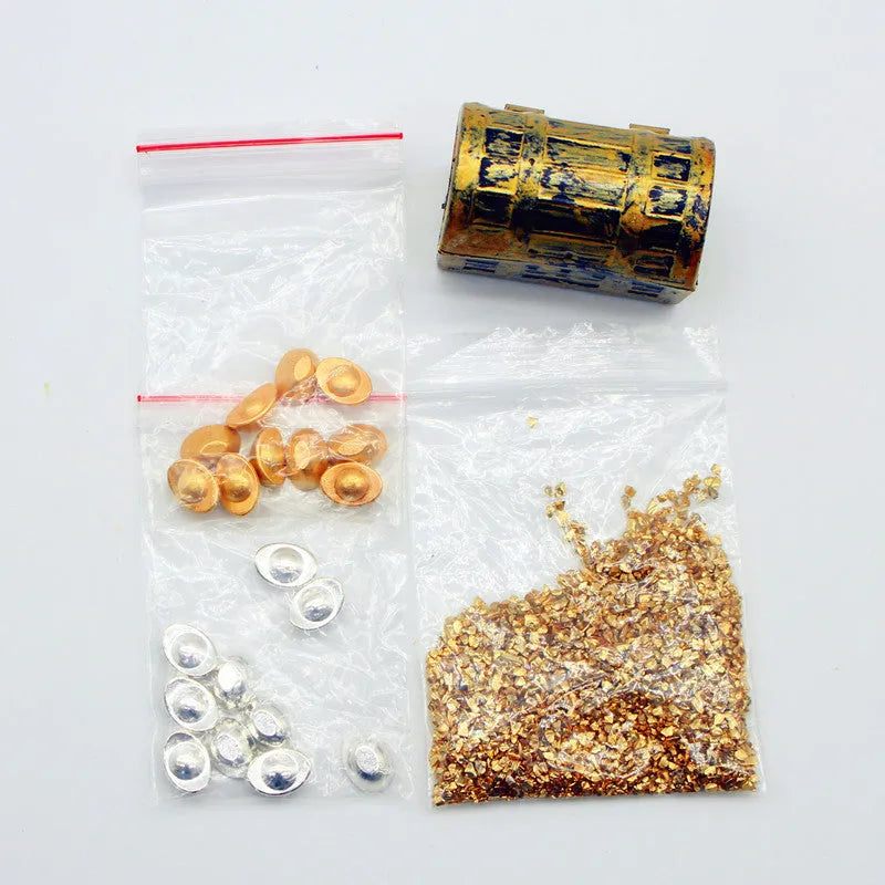 Miniature alloy treasure box doll house ornaments with gold coins and gold bars