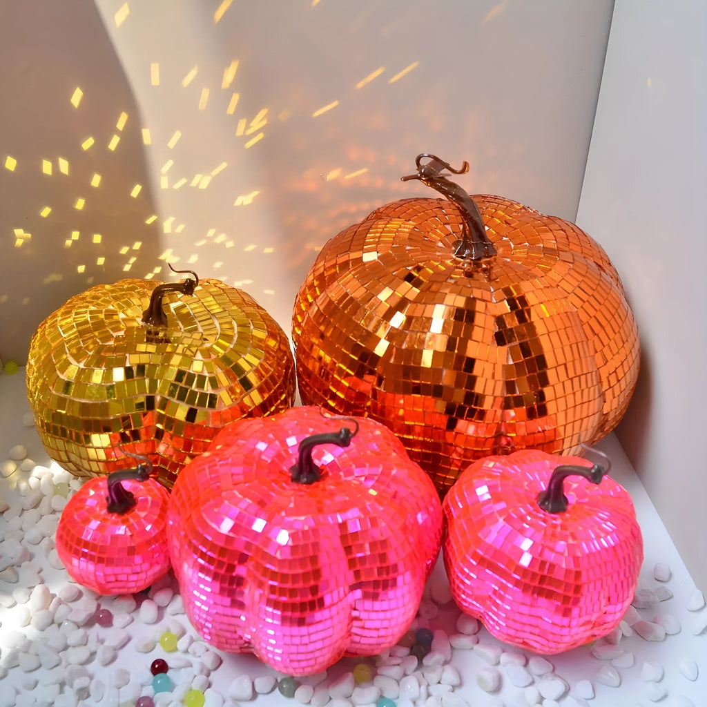 Glass pumpkin Halloween decoration with embroidered details in Chinese style, showing size options