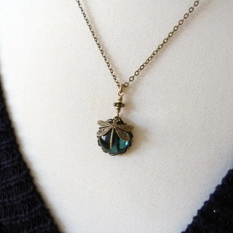 Vintage bronze hand carved dragonfly pendant necklace with 925 silver components in yellow colour