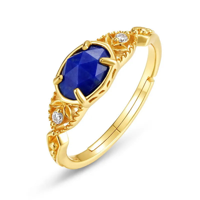 Japanese style geometric silver alloy ring with genuine blue lapis lazuli stone elliptical women's jewellery