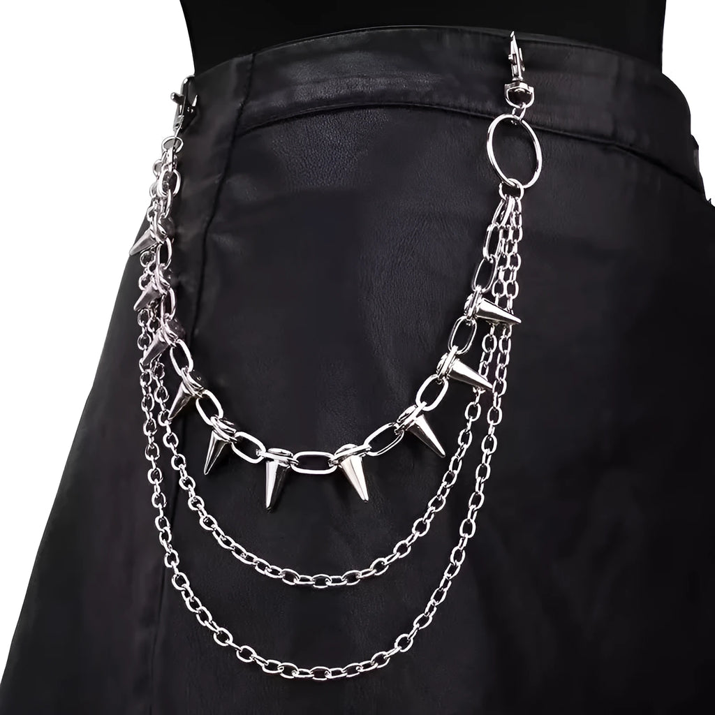 Silver punk rivet metal trousers chain measuring 115cm length with double-layer construction