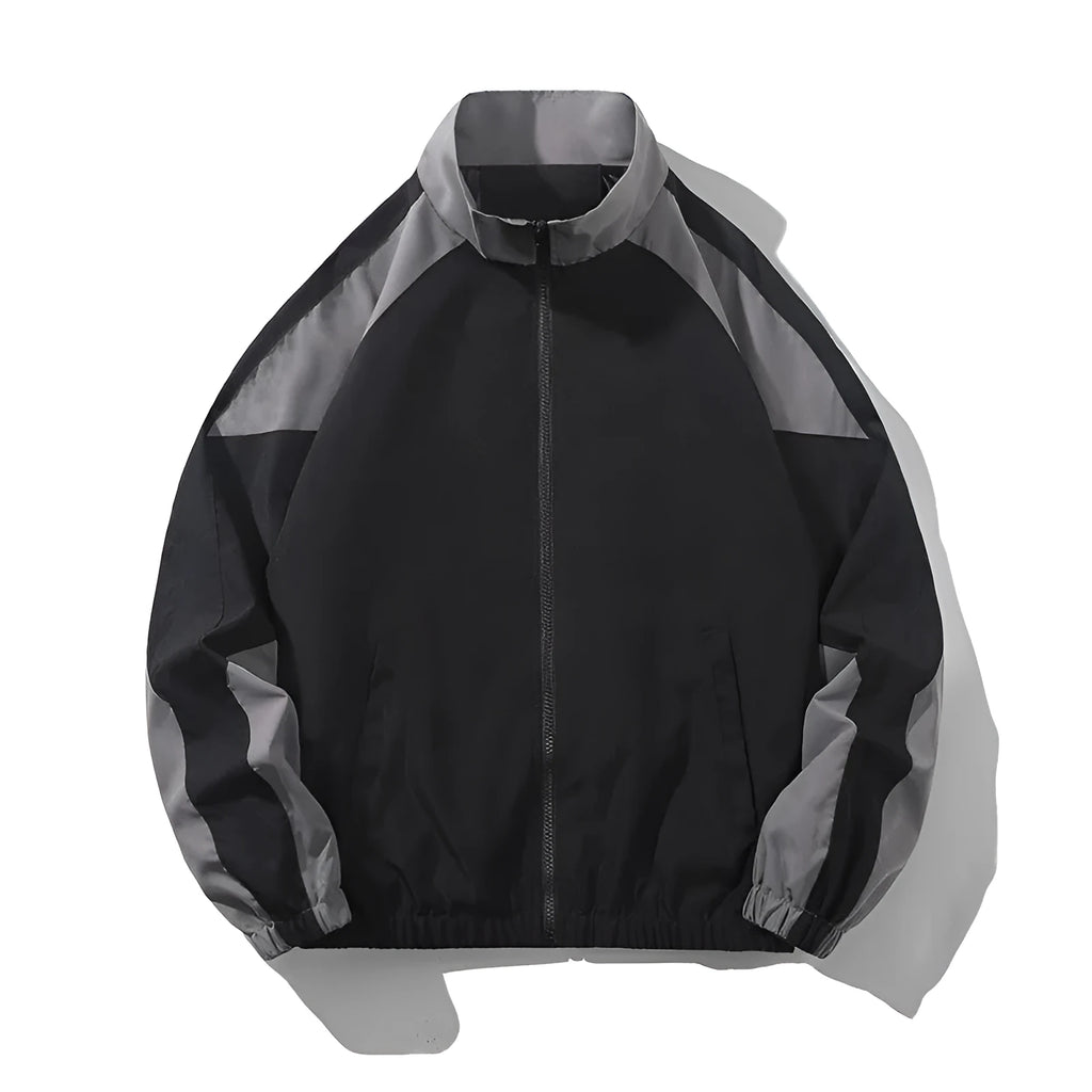 Men's black polyester casual jacket with contrast stitching detail and side seam pockets