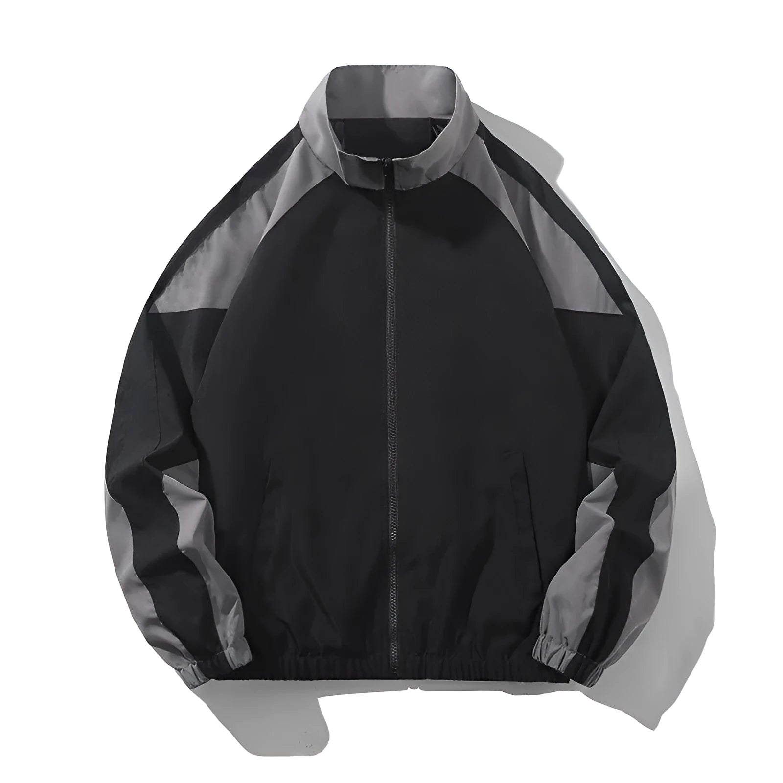 Men's black polyester casual jacket with contrast stitching detail and side seam pockets