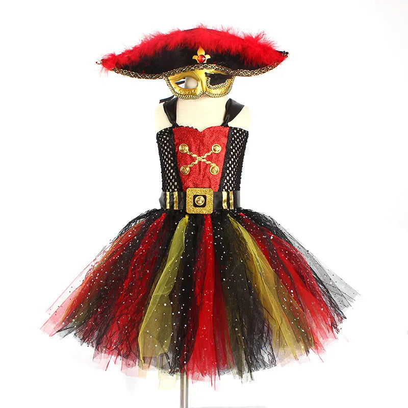 Girls' sleeveless pirate costume dress with black sequins, gauze mesh, and lace trim for Halloween.