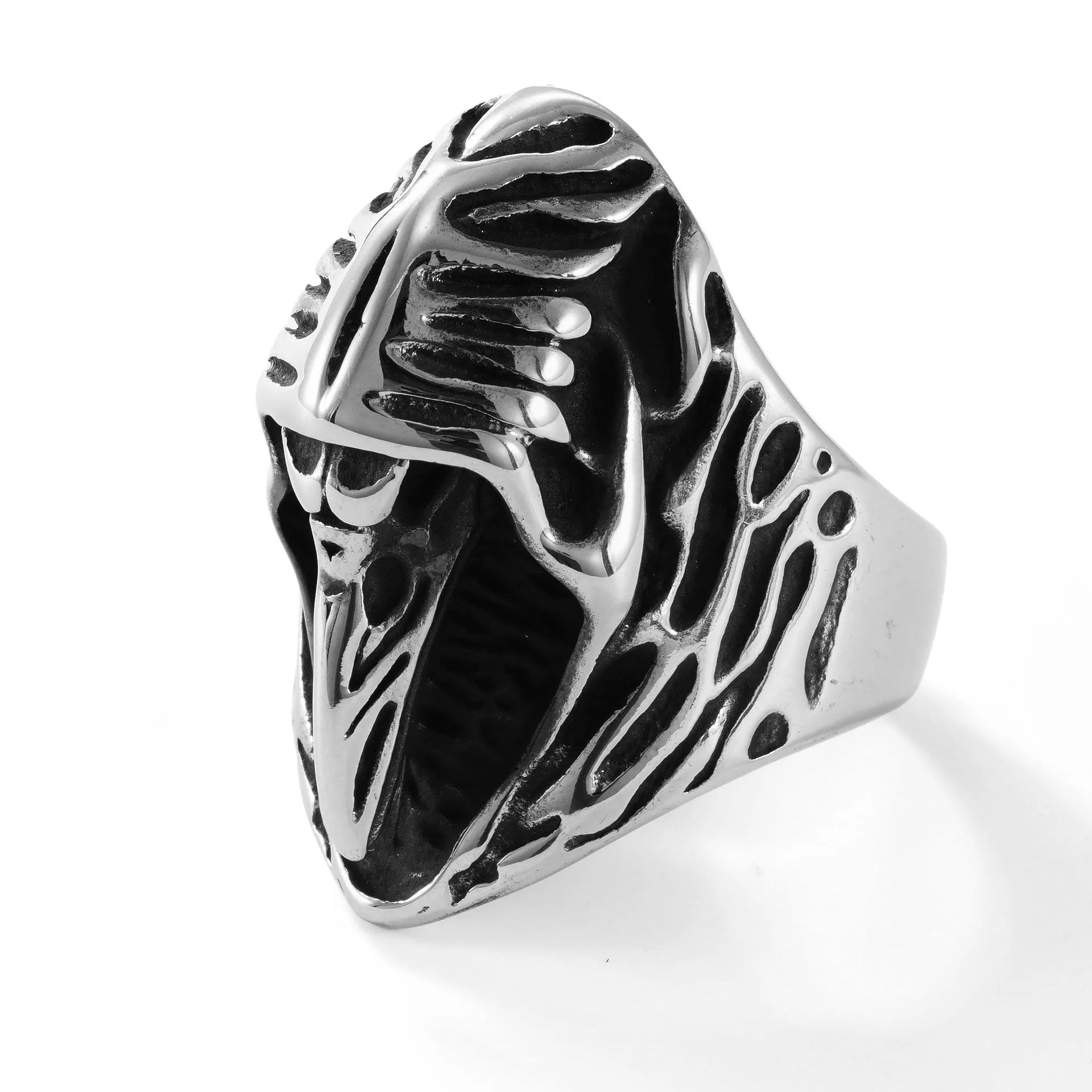 Black geometric crow ring in titanium steel with five sizing options