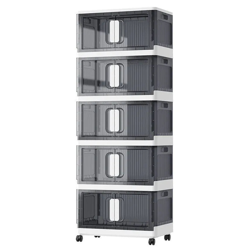 Foldable household storage locker with wheels in white or grey, showing single or double door options.