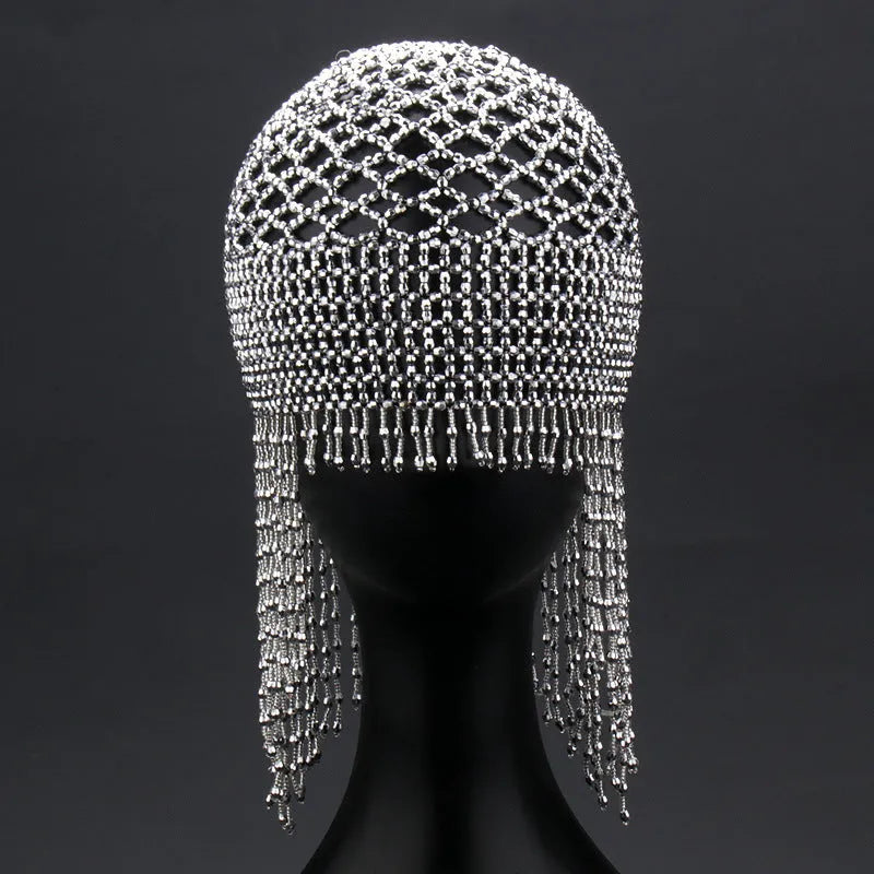 Handmade alloy belly dance hat with decorative mesh in silver or black options and 16.5cm tassels