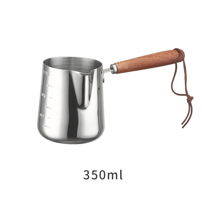 Stainless steel garland pattern coffee cup with a wooden handle in a simple modern style.