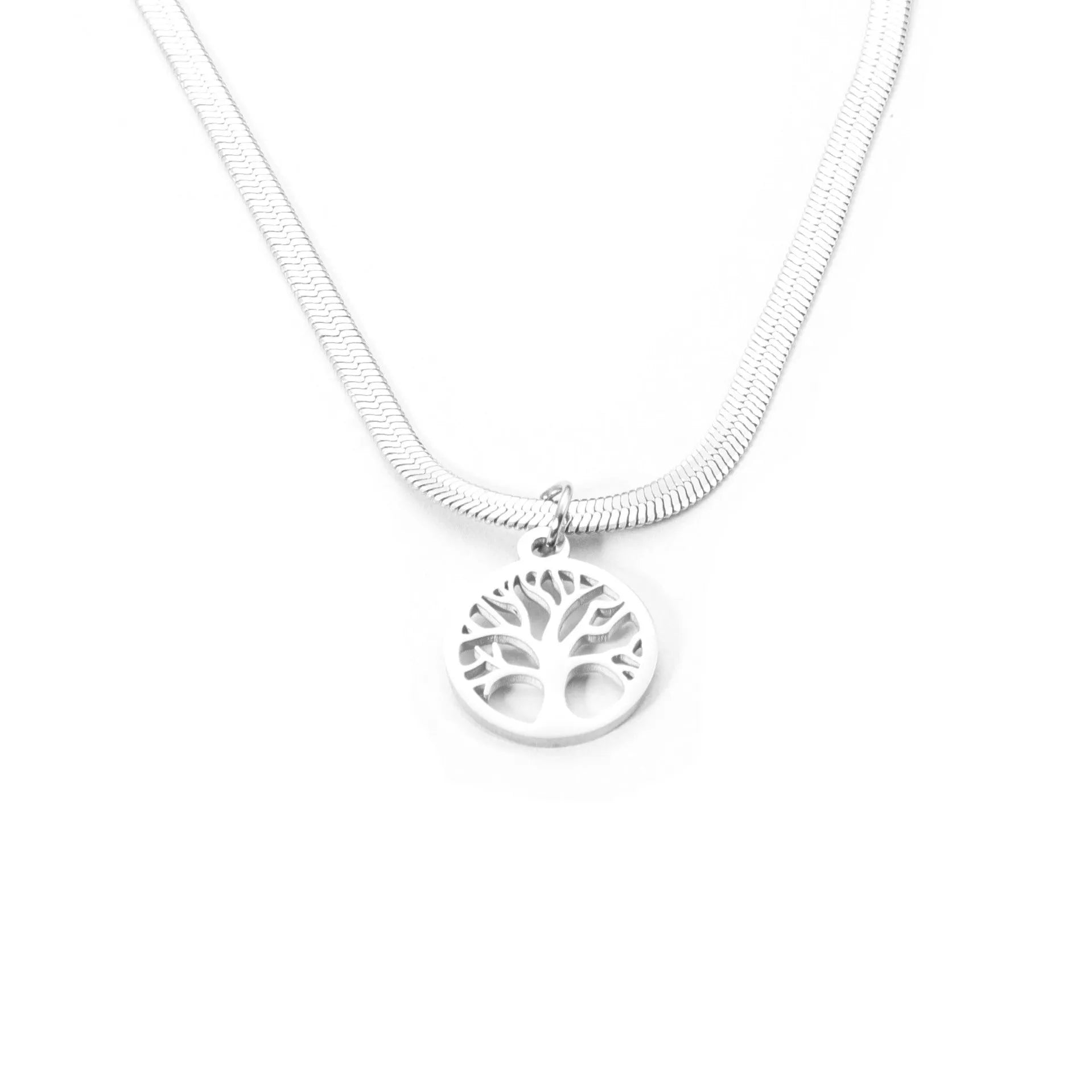Stainless steel necklace with tree pendant on snake bones chain in gold or steel colour
