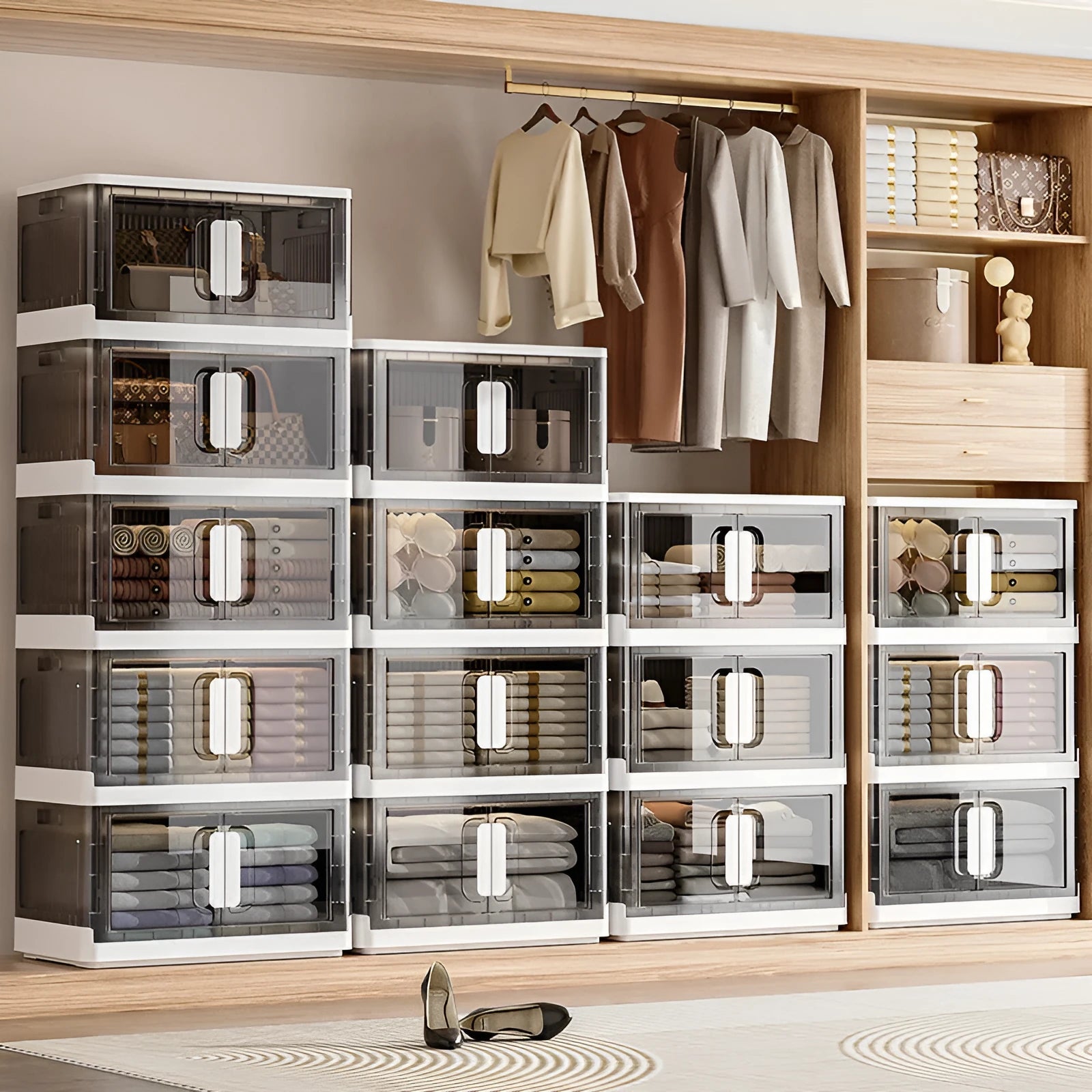 Foldable household storage locker with wheels in white or grey, showing single or double door options.