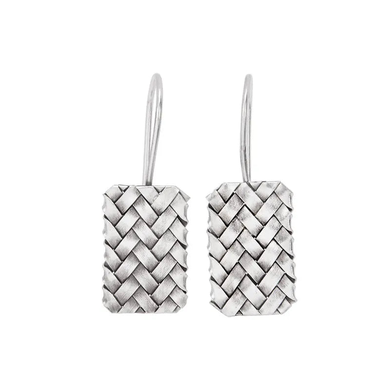 Women's silver 925 sterling silver woven diamond plaid geometric earrings showing textured pattern