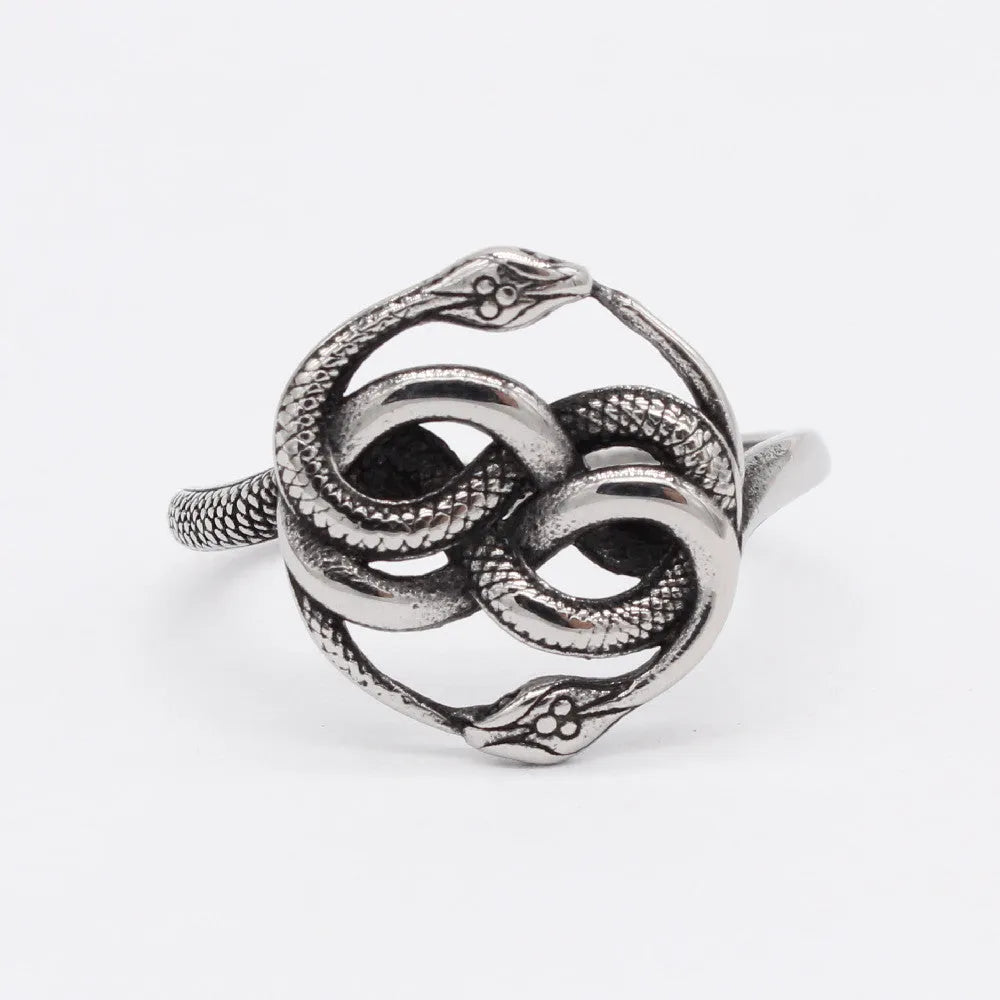 A titanium steel double snake ring in a steel colour retro style, shown on a finger.