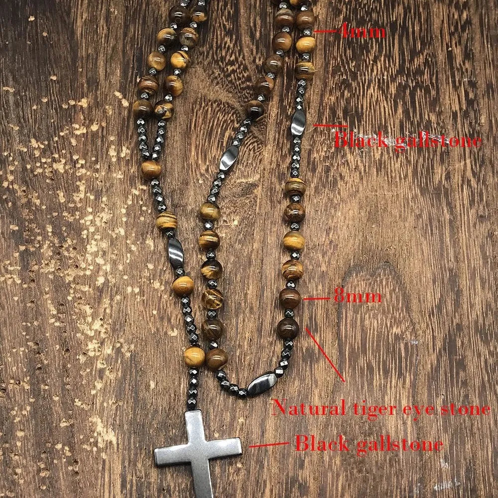 Men's geometric stone cross pendant on an 80cm ball bead chain with a safety lock.