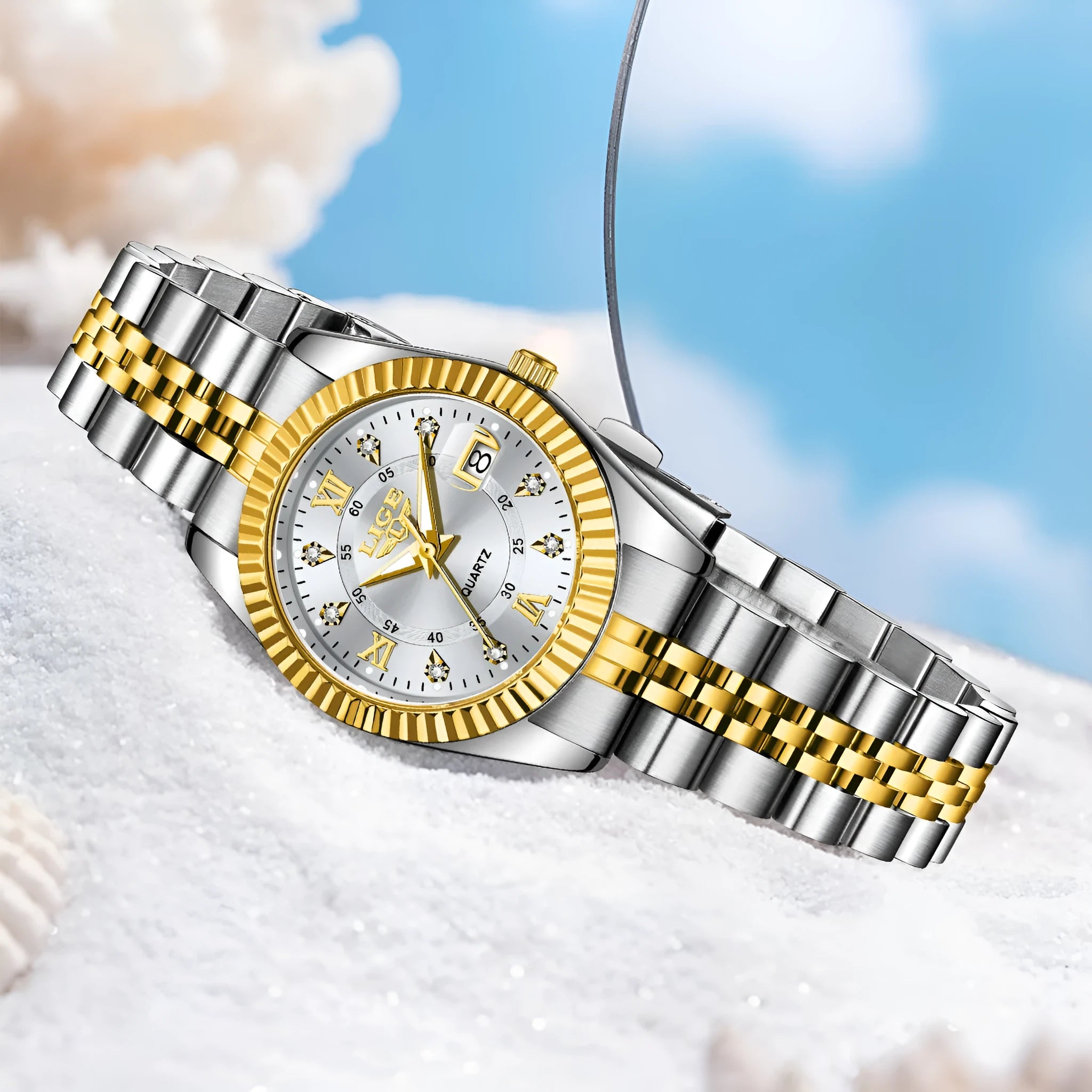 Waterproof quartz fashion watch for women showing metallic colour options with 10mm thickness
