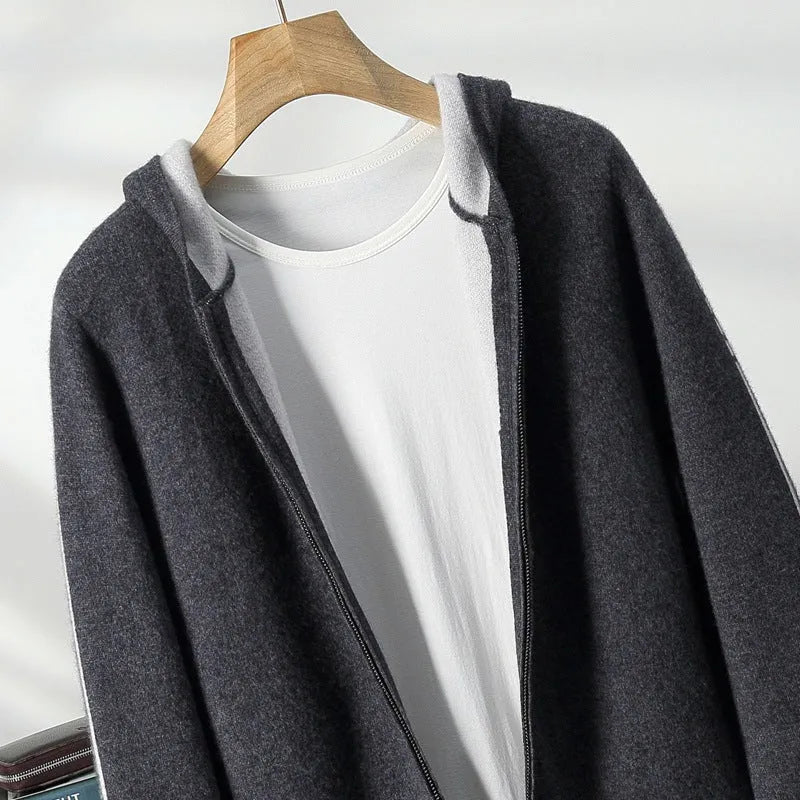 Men's dark blue cashmere cardigan sweater with zipper half-high collar and long sleeves