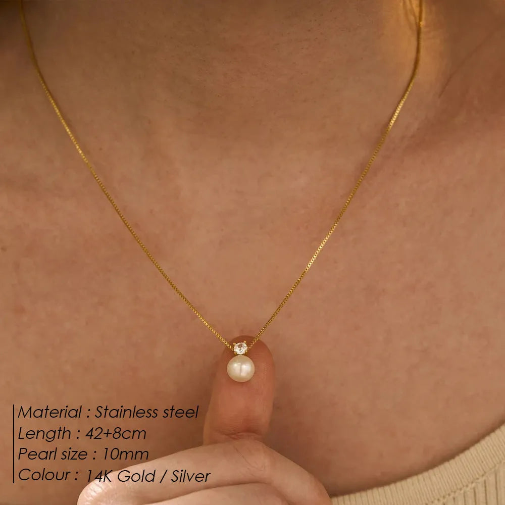 St Delan women's necklace with stainless steel box chain and imitation pearl zircon pendant in gold or steel colour