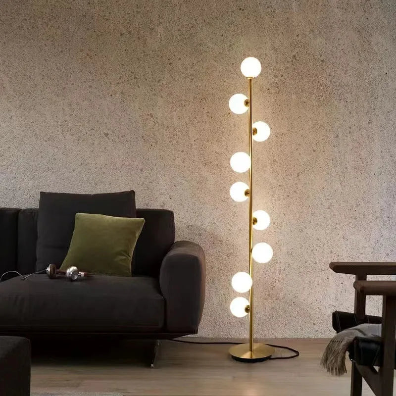 Modern minimalist floor lamp with wrought iron and glass design, marble base, 154cm height