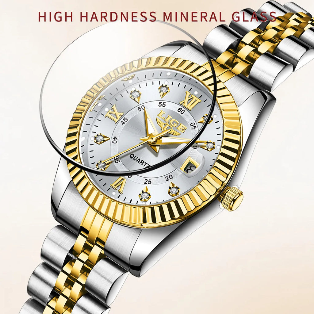 Waterproof quartz fashion watch for women showing metallic colour options with 10mm thickness