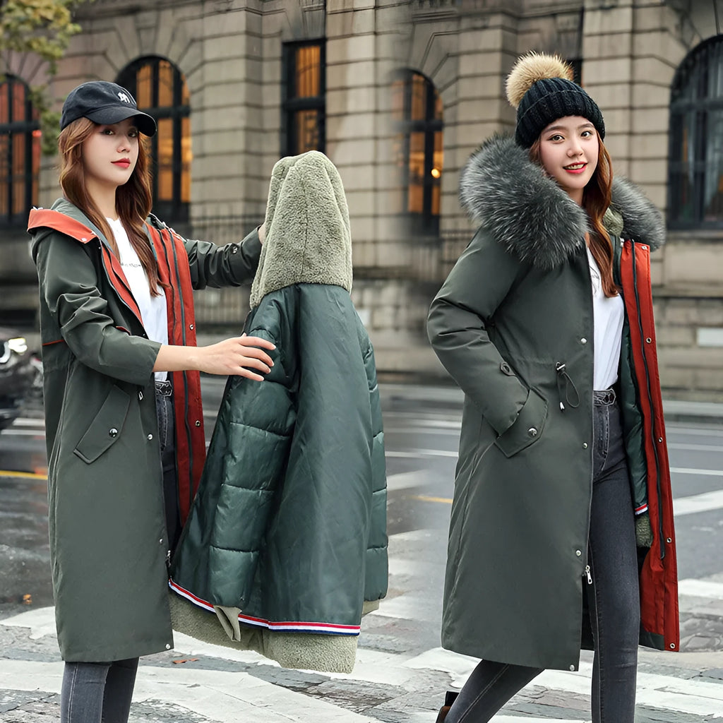 Women's long cotton-padded trench coat in bean green with 100cm length and fleece lining