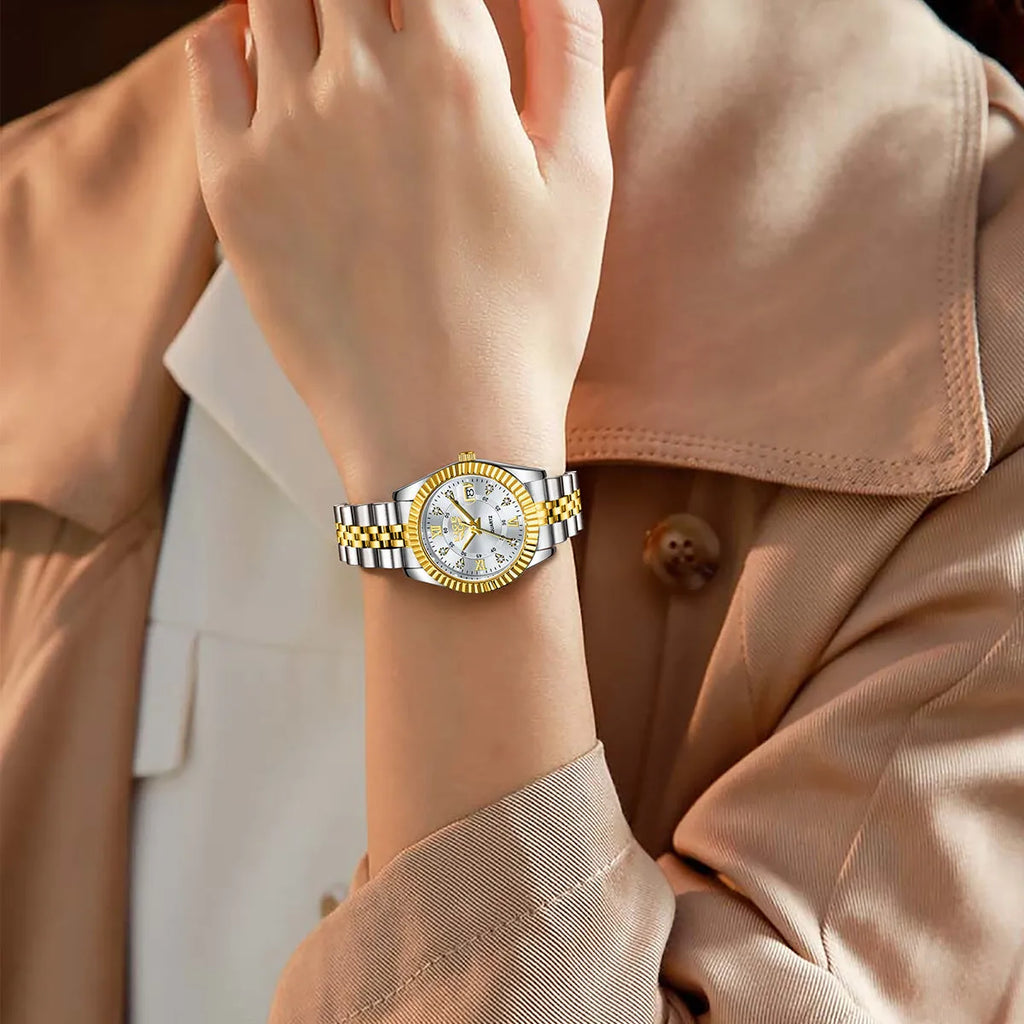 Waterproof quartz fashion watch for women showing metallic colour options with 10mm thickness