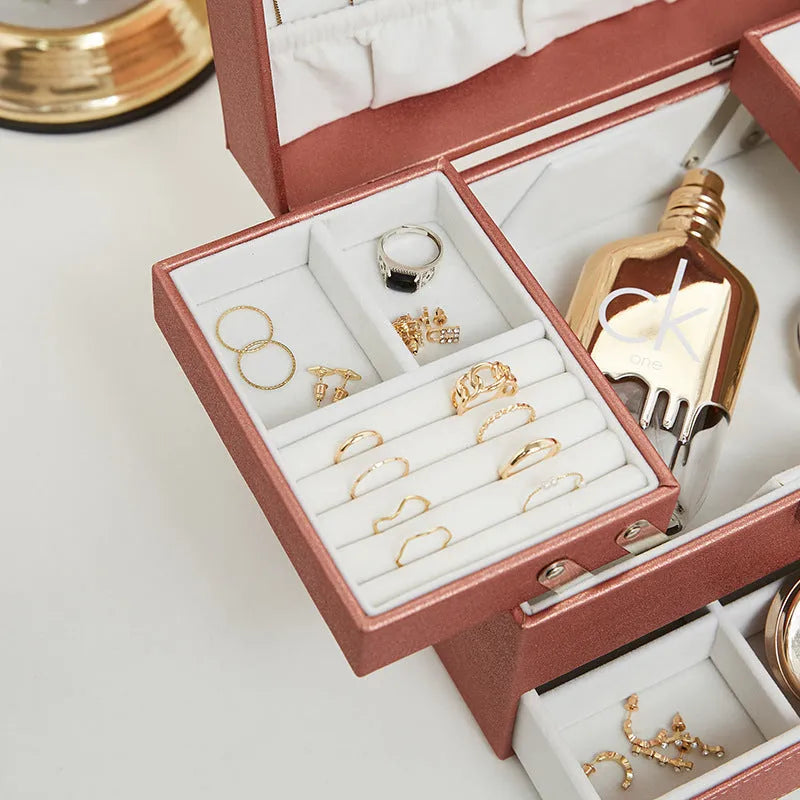Hard case Fashion Personality jewellery storage box in PU leather, shown in beige colour.