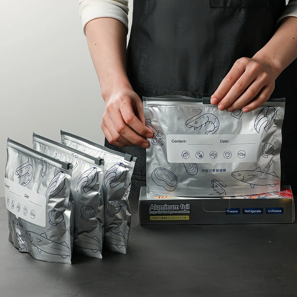 Aluminium foil resealable storage bags in three sizes with zip lock closure