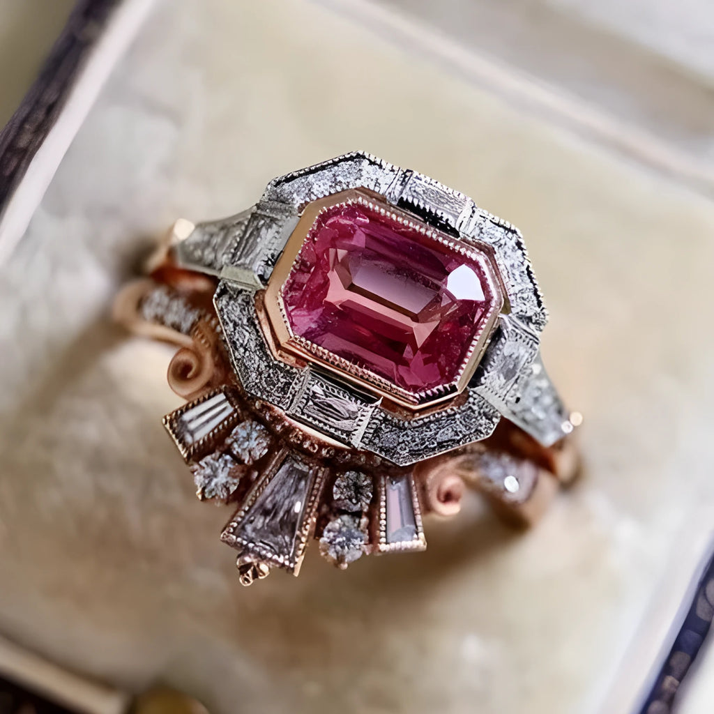 Rose gold geometric alloy women's ring with ruby detailing showing European retro style design