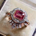 Rose gold geometric alloy women's ring with ruby detailing showing European retro style design