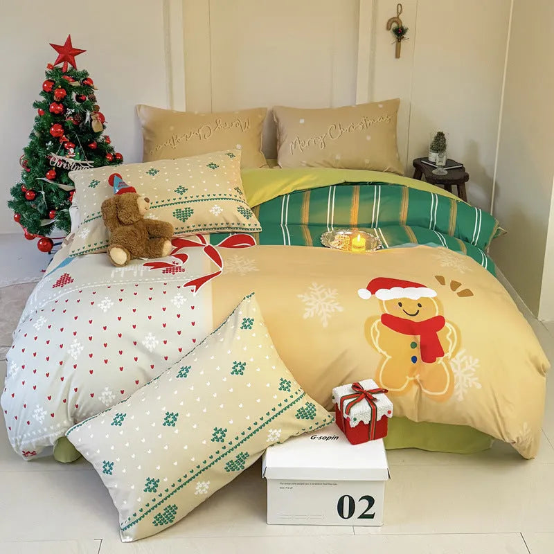 Christmas cartoon printed four-piece bedding set on a bed, showing Gingerbread Man pattern.