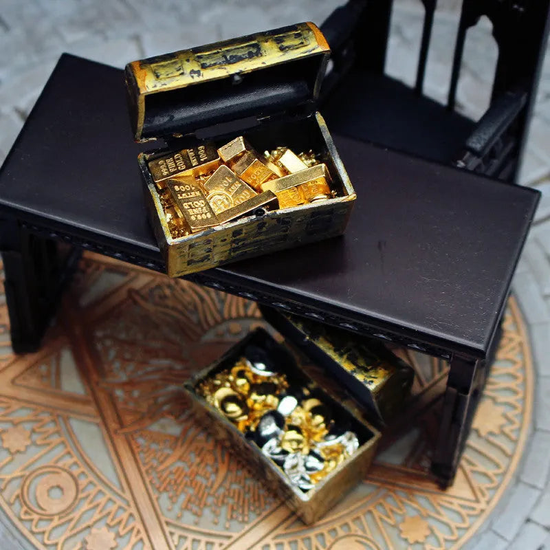 Miniature alloy treasure box doll house ornaments with gold coins and gold bars