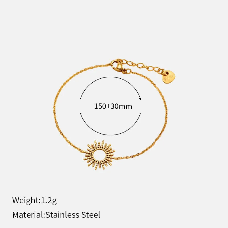 14K stainless steel geometric chain necklace and bracelet set with sunflower motifs